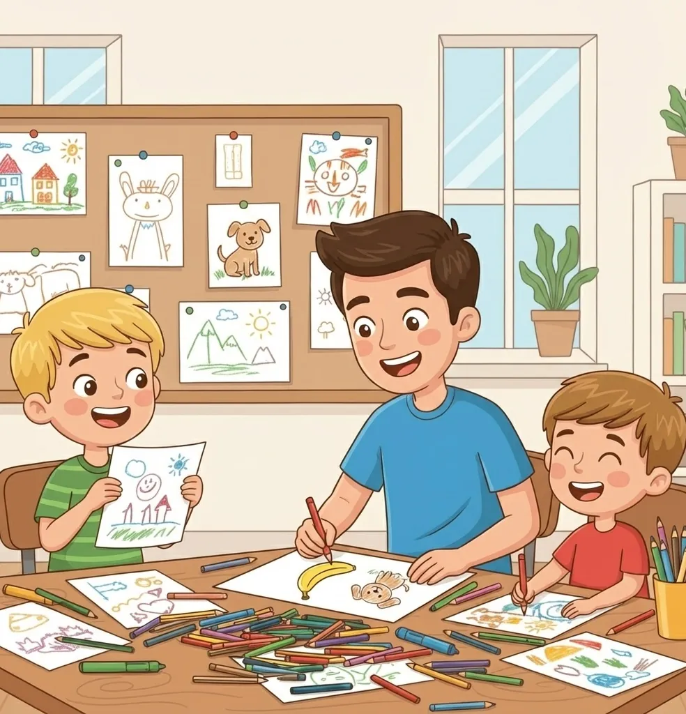 The Mignuti Kids family – dad and two kids drawing Banana Berry together