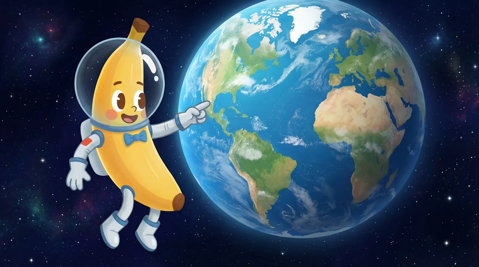 Banana Berry the astronaut floats in space next to planet Earth