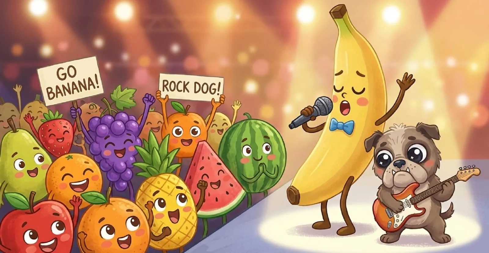 Banana Berry sings on stage with Sugar on guitar while a cheering fruit crowd holds 'Go Banana!' signs