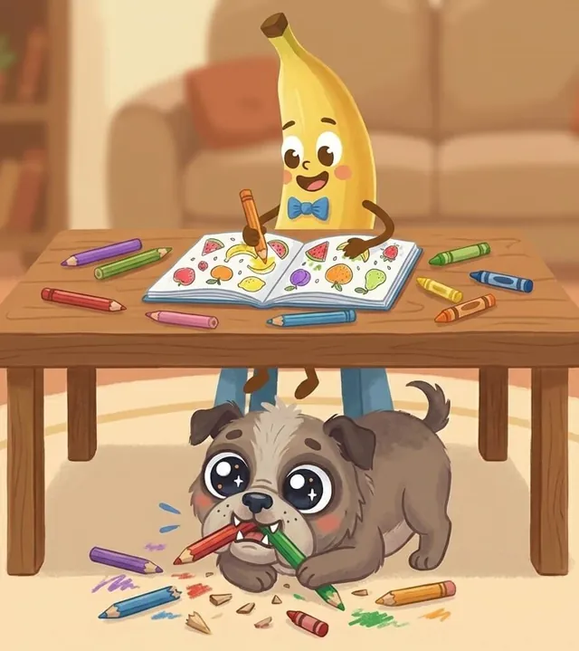 Banana Berry colors with crayons while Sugar chews a crayon under the table