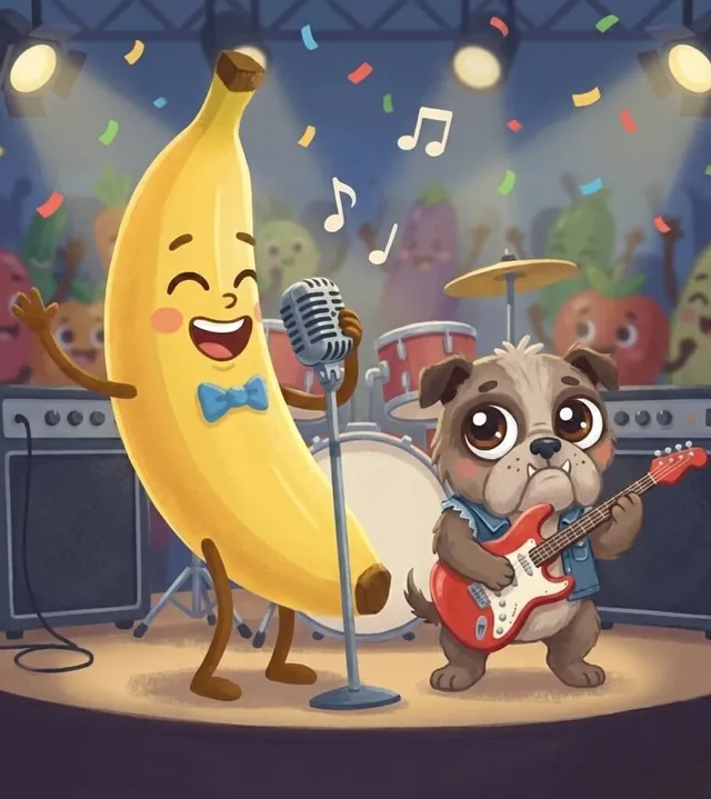 Banana Berry sings into a microphone while Sugar plays guitar on stage