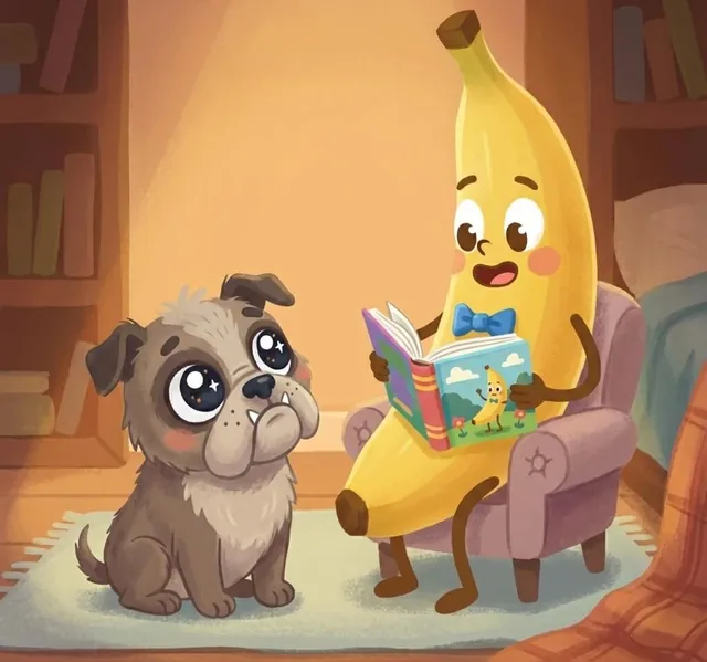 Banana Berry reads a storybook to Sugar in a cozy armchair