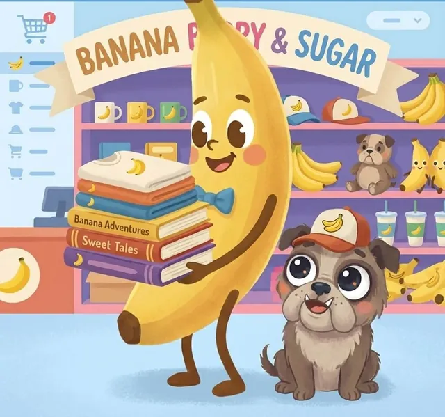 Banana Berry and Sugar in the Mignuti Kids shop with books and merch