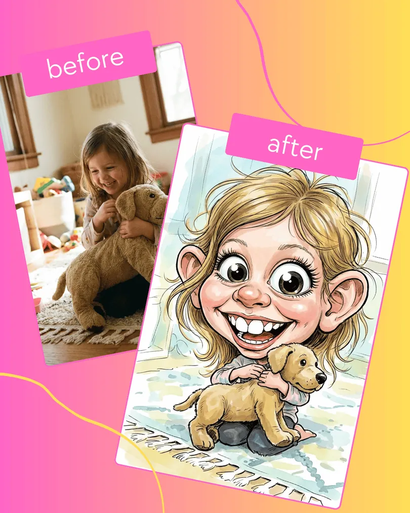 Example of a Mignuti Kids-style custom caricature – before photo and finished cartoon
